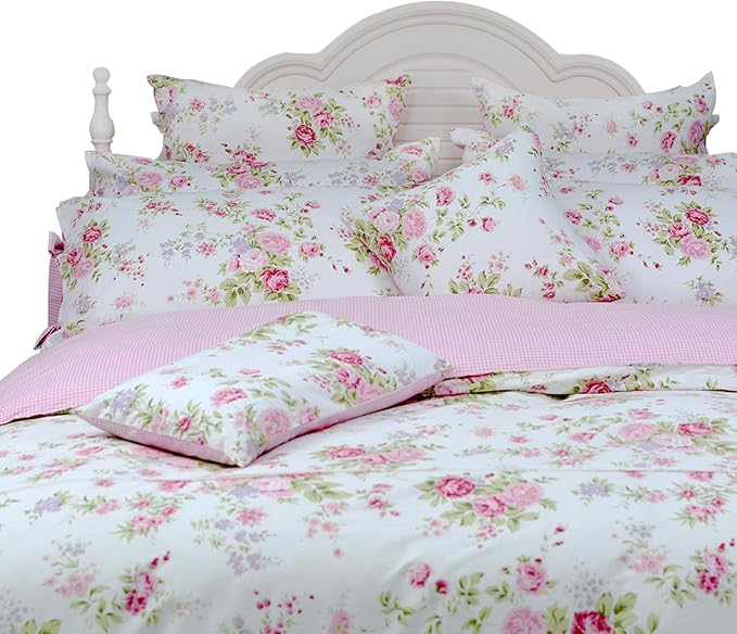 FADFAY Rose Floral Duvet Cover Set Pink Grid Cotton Girls Bedding with Hidden Zipper Closure 3 Pieces, 1duvet Cover & 2pillowcases,Full Size
