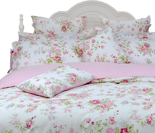 FADFAY Rose Floral Duvet Cover Set Pink Grid Cotton Girls Bedding with Hidden Zipper Closure 3 Pieces, 1duvet Cover & 2pillowcases,Full Size