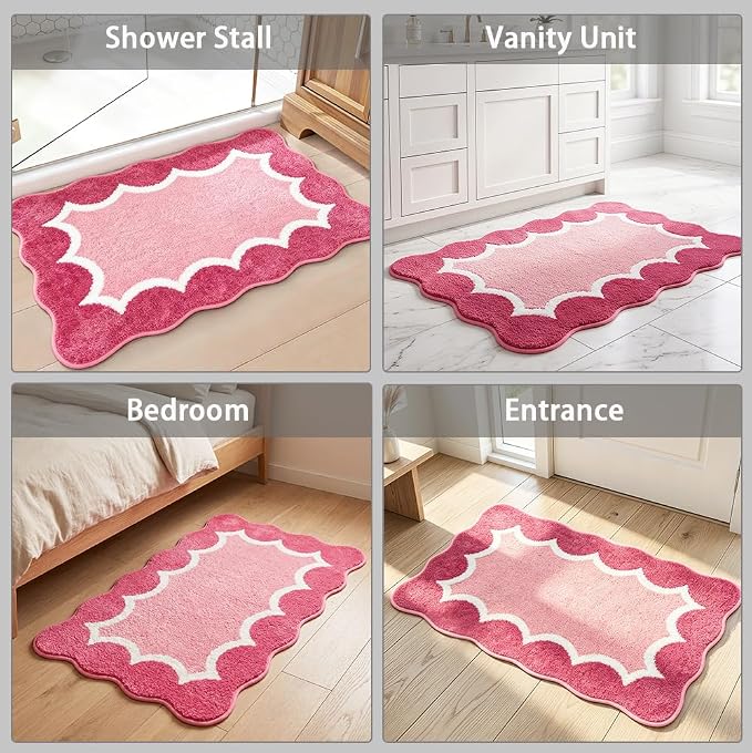 Cute Scalloped Rose Pink Bathroom Rugs Mat,Non Slip Absorbent Quick Dry Bath Mats for Shower Room,Plush Microfiber Bath Rug for Bath Floor Washable Carpet for Shower Tub Sink Bedroom,24"x36"