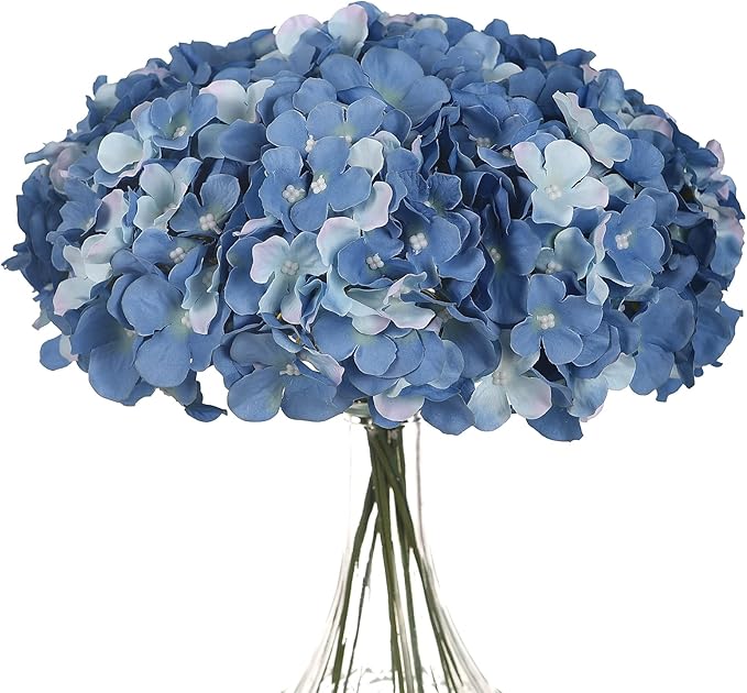 Silk Hydrangea Heads with Stems Artificial Flowers Heads for Home Wedding Decor,Pack of 10 (Sky Blue)