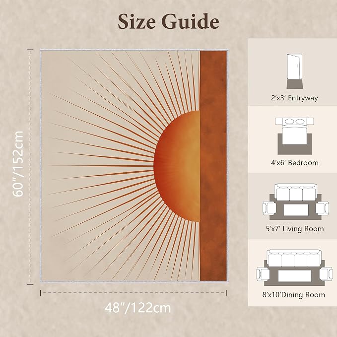Sunburst Area Rug 4x5, Retro Sun Design Rug, Mid Century Modern Carpet for Living Room Bedroom, Soft Non Slip Washable Area Rug