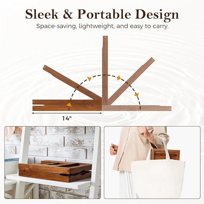 Teak Bathtub Tray for Tub, Expandable Bath Tray 28–40in, Foldable Bathtub Caddy with Wine Glass Holder, Phone & Book Stand, Wooden Bath Tray Organizer, Luxury Bathroom Accessories Gift - Light Walnut