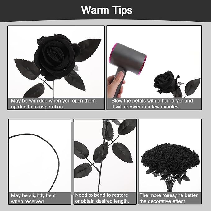 12Pcs Black Roses Artificial Flowers Fake Rose Faux Velvet Silk Flowers for Home Wedding Decoration (Pearl Roses, Pure Black)