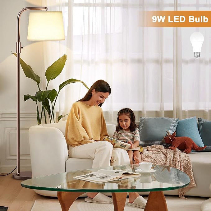Ambimall Fully Dimmable Floor Lamp with 9W LED Bulb, Standing Lamp for Living Room with Adjustable Head, Modern Tall Light with Rotary Switch for Office, Brown and Beige