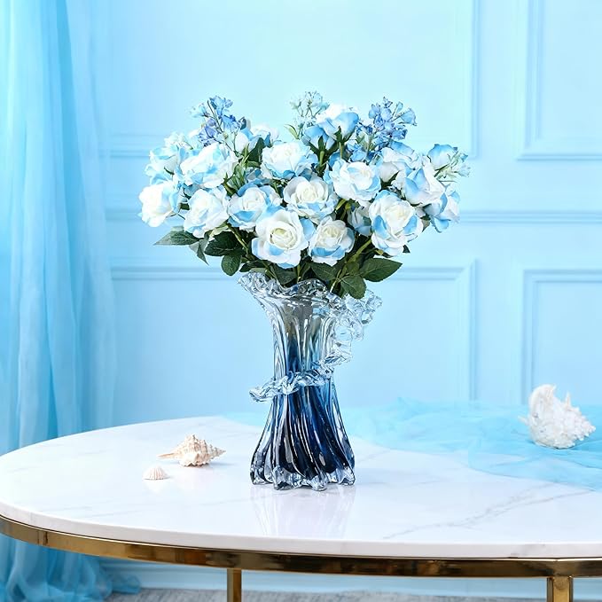 8.1" H Blue Ocean Wave Vase, Blown Glass Vase, Unique Modern Art Beautiful Hand Blown Coastal Centerpieces for Living Room, Bedroom, Office Desktop, Coffee Table, and Wedding Decorative (S)