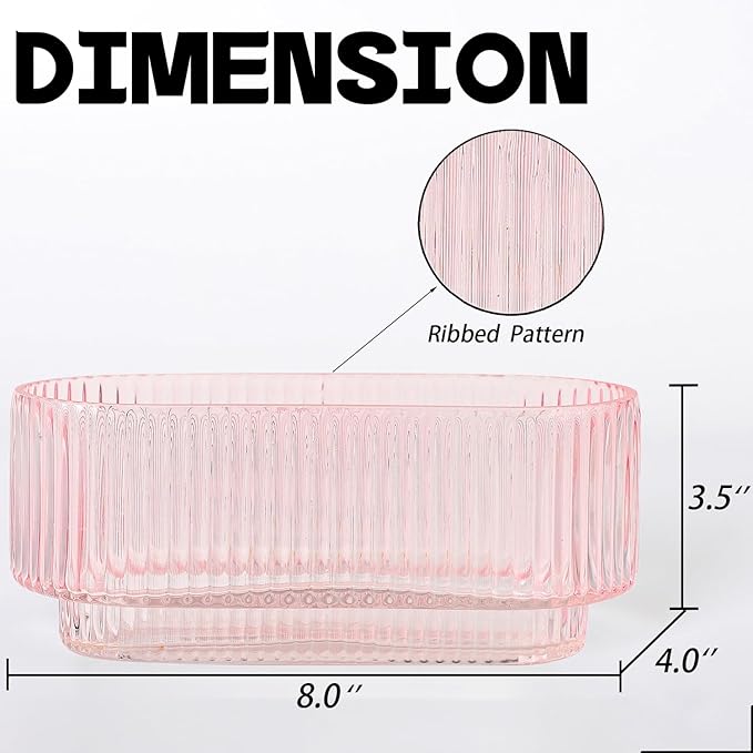 Ribbed Glass Vases, Small Vases for Flowers Set of 2, Pink Glass Vases, Vases for Centerpieces, Bud Vases, Rectangle Vases for Living Room, Bedroom, Kitchen, Dining Table, Shelf, Wedding