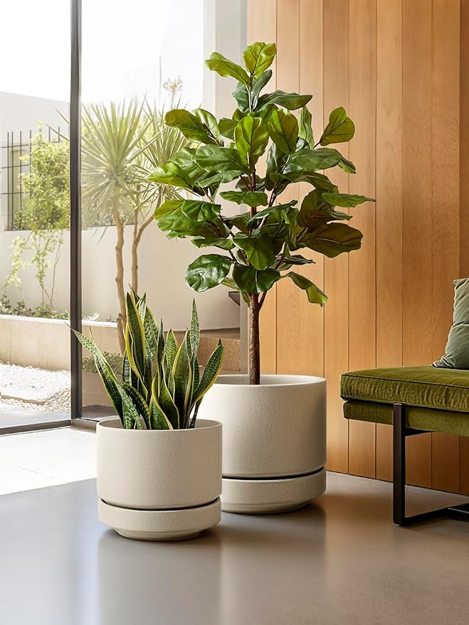 LE TAUCI 12 Inch Pots for Plants with Saucer, Ceramic Indoor Planter Pot for Plants with Drainage Hole, Mesh Pad & Plug Included, Unglazed Porous Ceramic, Modern for Home and Office, Speckled Oat