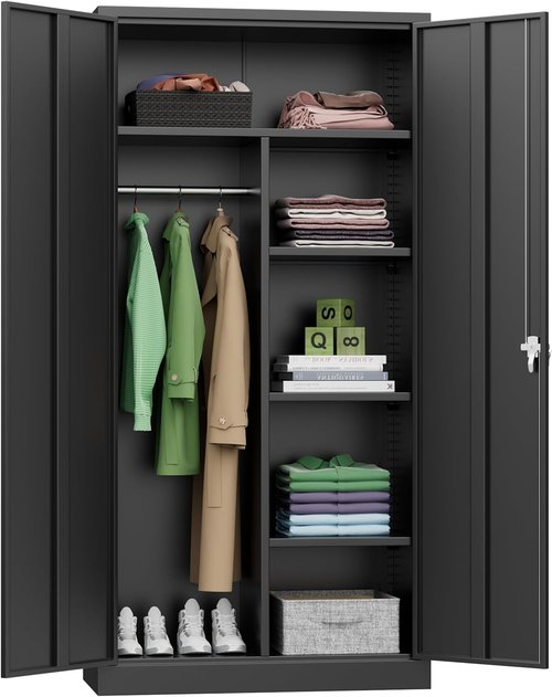 INTERGREAT Metal Wardrobe Closet - 72" Lockable Storage Armoire with Hanging Rod & 4 Adjustable Shelves - Black