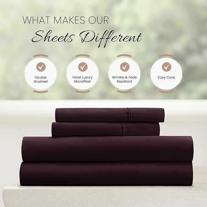 Linen Market Brushed Microfiber King Sheet Set 4 Piece – Oeko-TEX Certified Ultra Soft & Wrinkle-Free - 16" Deep Pocket Sheets - Easy Care King Size - Purple