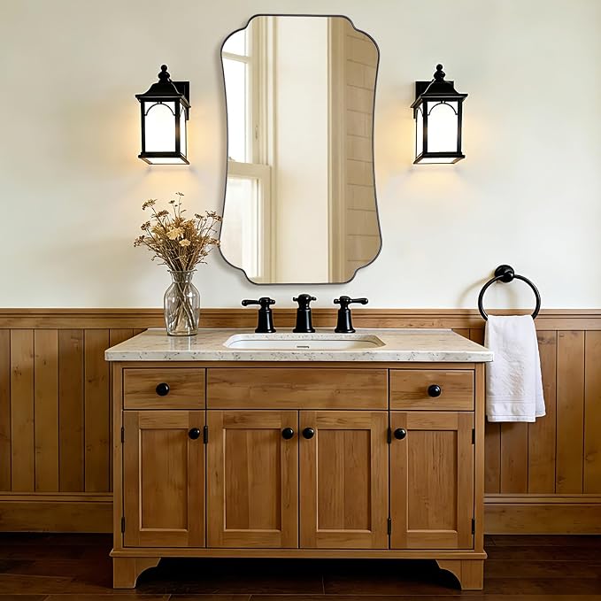 ANDY STAR Bathroom Vanity Mirror, 24x40 Matte Black Rectangle Mirror with Scalloped Round Corner, Vintage Metal Wall Mirror,Hangs Horizontal Or Vertical