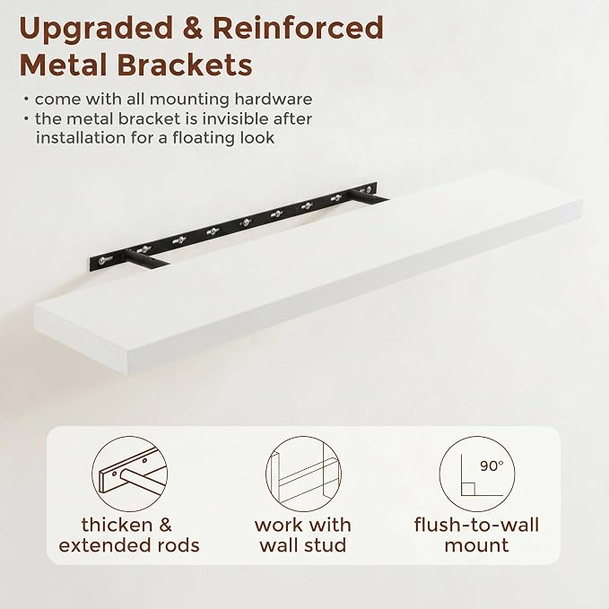 fuqing 40 Inch Floating Shelves | 6.7 Inch Deep White Shelves for Wall Set of 2 | 40''W x 6.7''D x 1.4''H White Wood Shelves for Living Room Bathroom Bedroom Kitchen Home Office