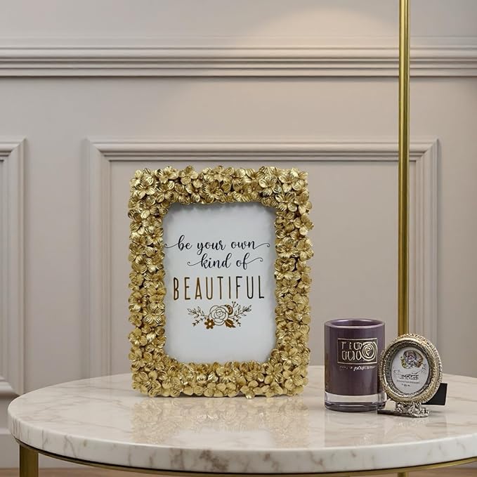5x7 Ornate Picture Frame Embossed Flower Art Deco Photo Frames 5 x 7 Floral for Wall and Tabletop Display with Glass Retro Home Decor(Gold)