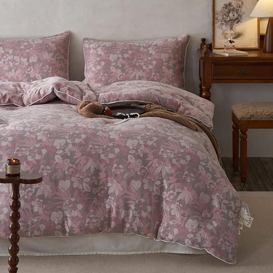 HighBuy Muslin Cotton Comforter Set Full Size Pink Floral Bedding Comforters Set 3 Piece Lightweight Soft & Warm Bed Comforter Full with 2 Pillowcases,Boho Chic Bedding Set