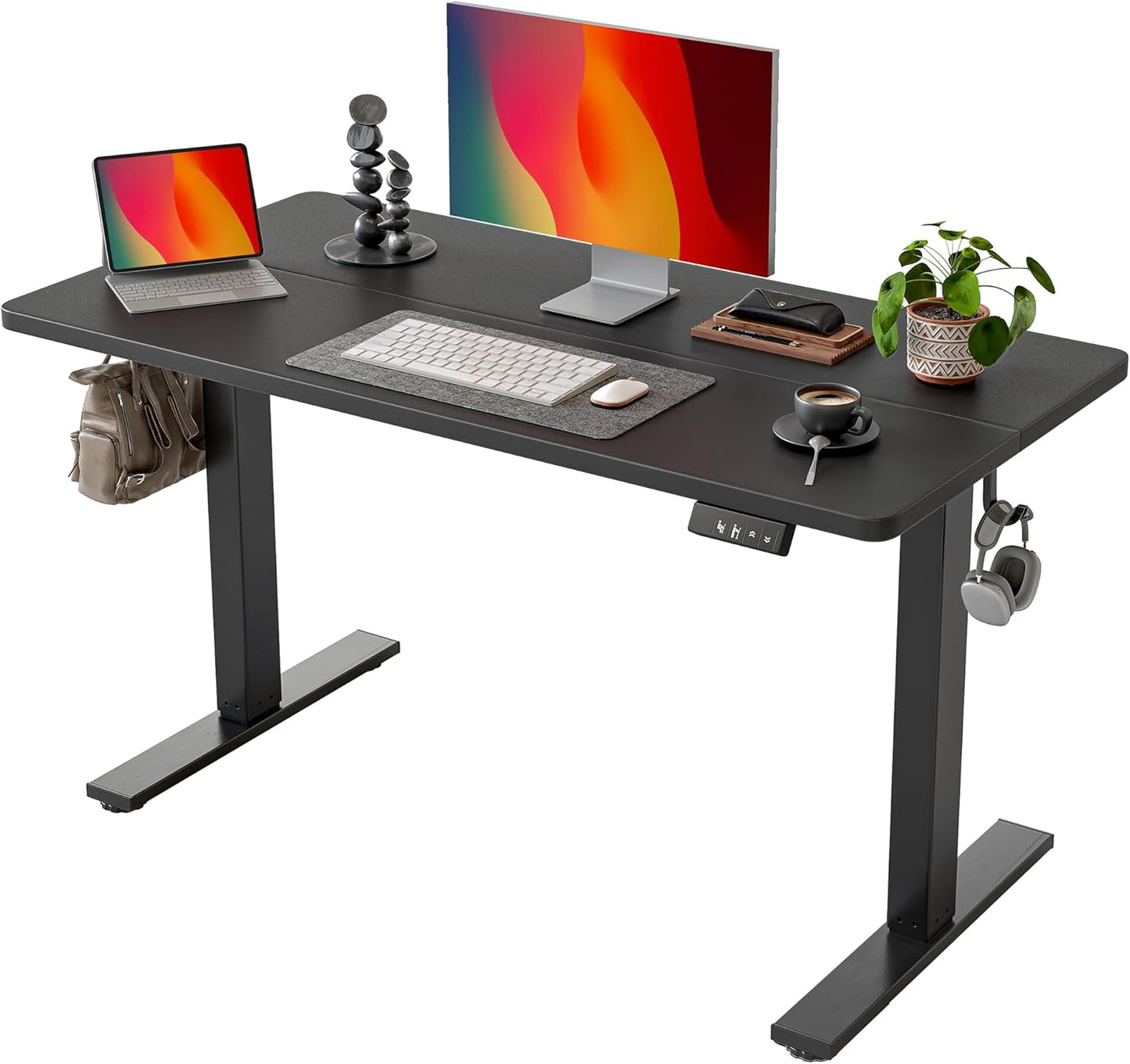 TIQLAB Electric Height Adjustable Standing Desk - 47 x 24 Inch, Black Frame with Splice Board | Ideal for Home Office