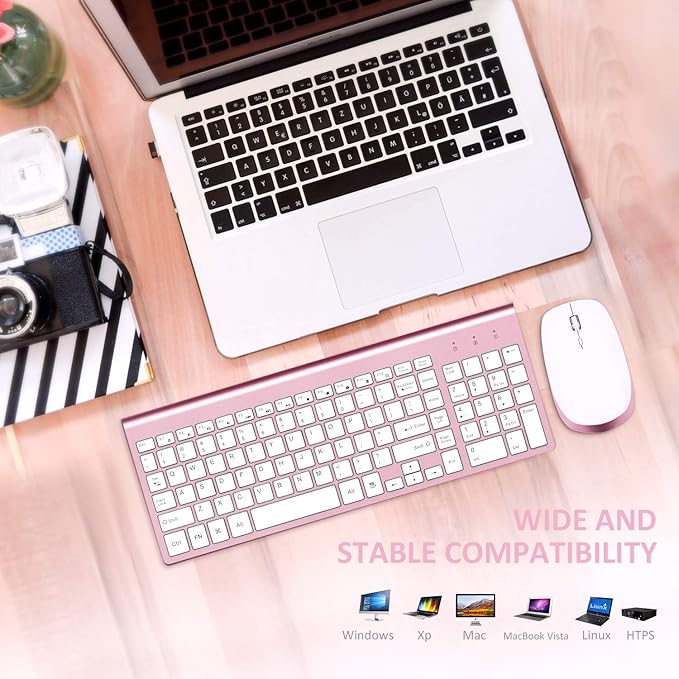 FENIFOX Keyboard and Mouse Wireless, USB 2.4GHz Combo Silent Quiet Low Profile Compact Full Size Flat Slim Thin Portable with Number Pad Soft Cover for PC Laptop Computer Office - Pink & Rose Gold