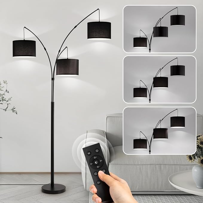 Netin 3 Light Arc Floor Lamps for Living Room, Led Floor Lamp with Remote Control, Modern 80" Tall Standing Lamp, 3 Color Temperature, Mid Century Tree Floor Lamp for Bedroom, Office (Black)