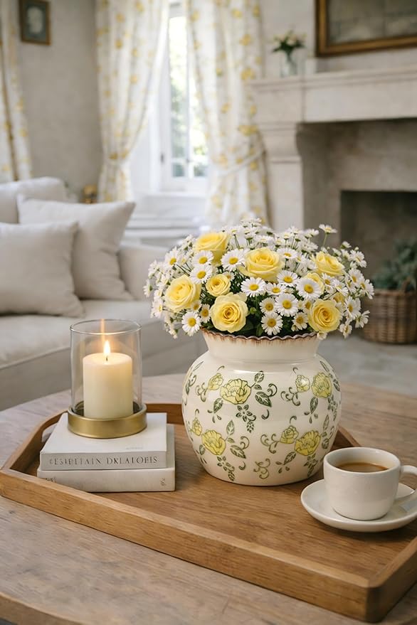 SIDUCAL Ceramic Yellow Rose Floral Vase with Wide Mouth Lace, 4.84 Inch Cracked Chinoiserie Rustic Farmhouse Vases, Pastoral Retro Vase for Home Decor, Table, Living Room, Bathroom, Shelf, Wedding