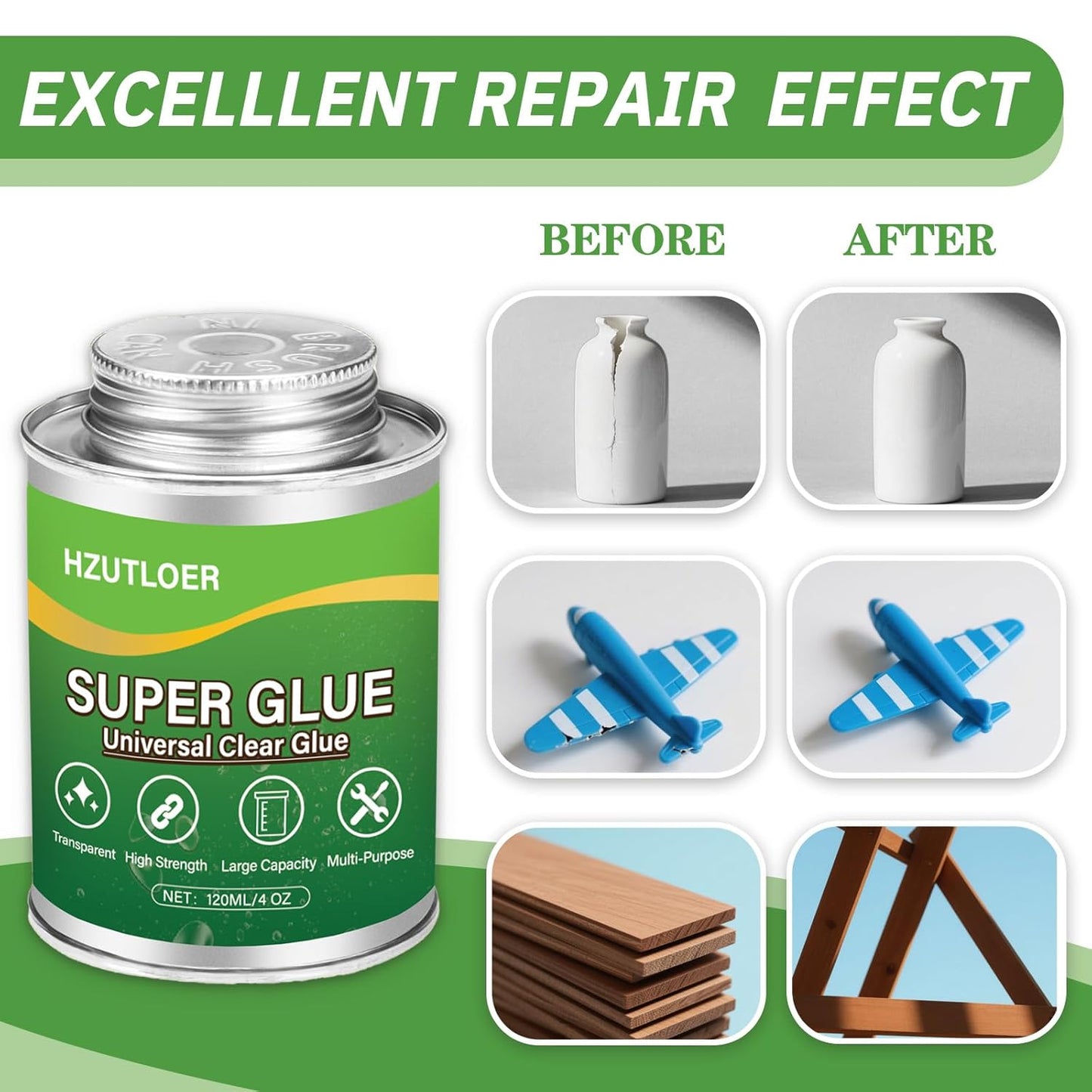 Super Glue | Clear Multi-Purpose Adhesive with Brush - 4 oz Strong Instant Glue for Wood, Ceramic, Leather, Plastic, Glass, Metal, Rubber, DIY Crafts