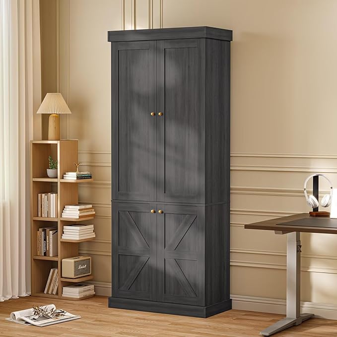 Vyre 70.8" Tall Bookshelf with Doors, Farmhouse Modular Bookcase with 4-Tier Adjustable Shelves, Large Storage Cabinet for Home Office, Living Room, Black