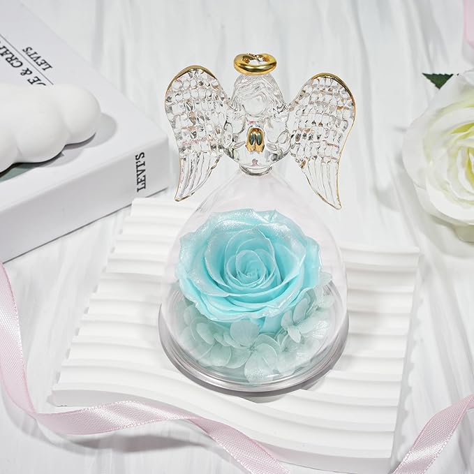 Sunia Preserved Flower Rose Gift for Women - Mother's Day Birthday Gifts for Mom Wife Grandma, Glass Angel Figurines Forever Real Roses Gifts for Her Valentine Day Thanksgiving﻿ (Sparklinga quamarine)