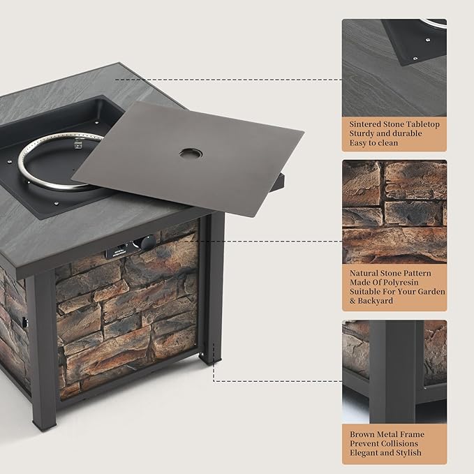 YATEMATE 32'' Propane Fire Pit Table for Outdoor, Sintered Stone Tabletop & Polyresin Stone-Look Panel, 50000 BTU Gas Fire Pit Table for Outside Patio and Garden, with Lava Rock & Metal Lid
