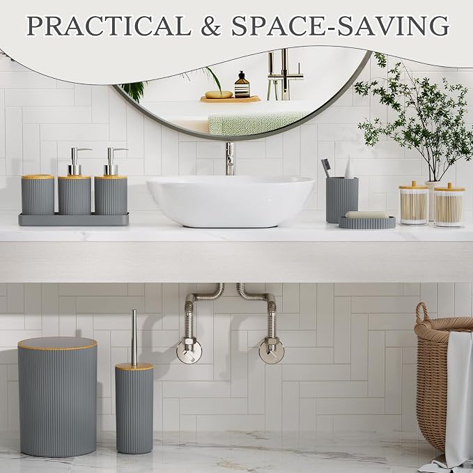 10PC Bathroom Accessories Set - Grey and Wooden Bathroom Sets, Bathroom Accessory Set with Pop Up Trash Can, Toilet Brush, Trash Can, Qtip Holder & Soap Dispenser