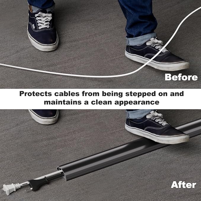 Kneelisa 10FT Side-Open Extension Cord Covers for Wires on Floor,Silicone Power Cable Protector Cord Hider Management Strip,Hide Electric Wire on Carpet,Chord Runner Protective Safety Wiremold,Black