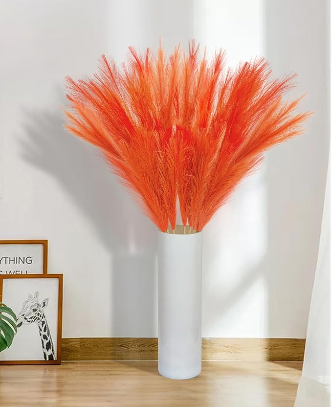 9 Pcs 45" Tall Pampas Grass Orange Decor, Long Stem Artificial Flower Floor Vase Large Faux Floral Pompas Fake Plants Dried Bouquet Arrangement Vase Filler for Boho Home Wedding Decoration