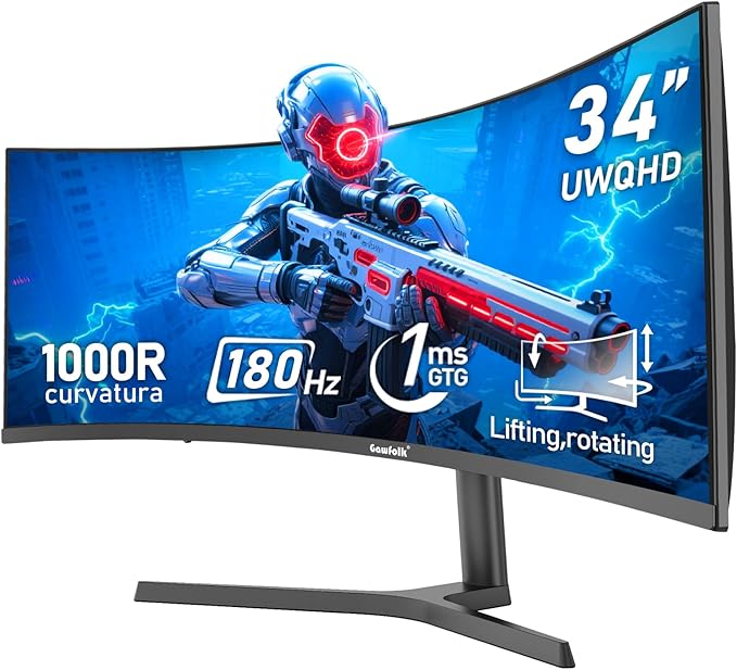 Gawfolk 34 Inch Ultrawide Curved 180Hz Gaming Computer Monitor 1000R PC screen 21:9 UWQHD (3440x1440) ,1ms,100%sRGB,Adaptive Sync,HDMI、Display Port,Liftable Stand,Wall Mount Compatible 75*75mm-Black