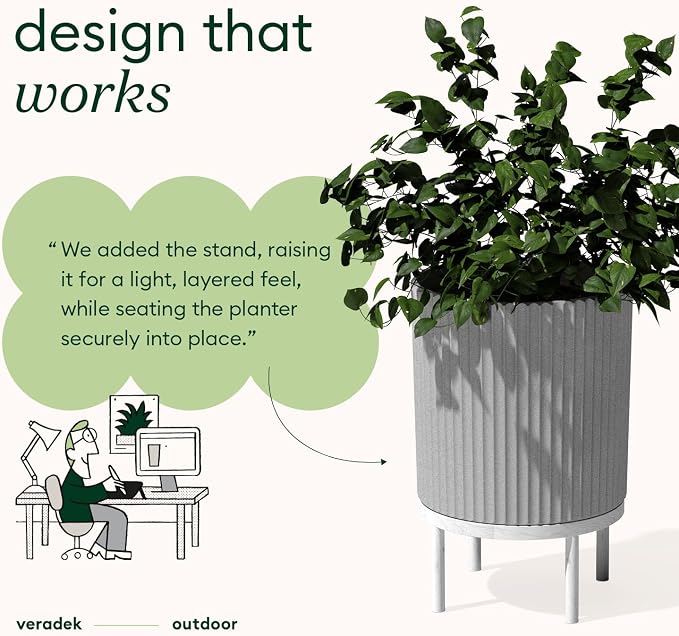 Veradek Demi Series Round Planter w/Stand for Porch/Patio | Durable Plastic-Stone Composite & Wooden Stand | Modern Décor for Tall Plants, Flowers