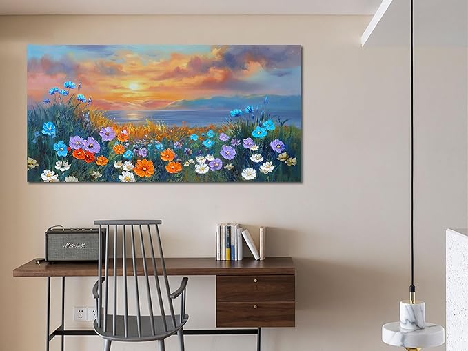 Ardemy Landscape Wall Art for Living Room Extra Large Wildflower Pictures Wall Decor Coastal Sunset Floral Canvas Textured Bedroom Flower Paintings Artwork Home Office, 40"x20"