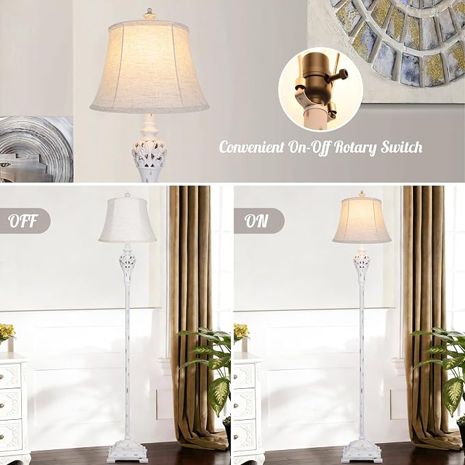 Sucolite Vintage Floor Lamp for Living Room, Traditional Farmhouse Tall Standing Lamp, Mid-Century Antique Pole Lamp for Bedroom Reading with Off-White Linen Shade, Rustic Lighting Home Decor