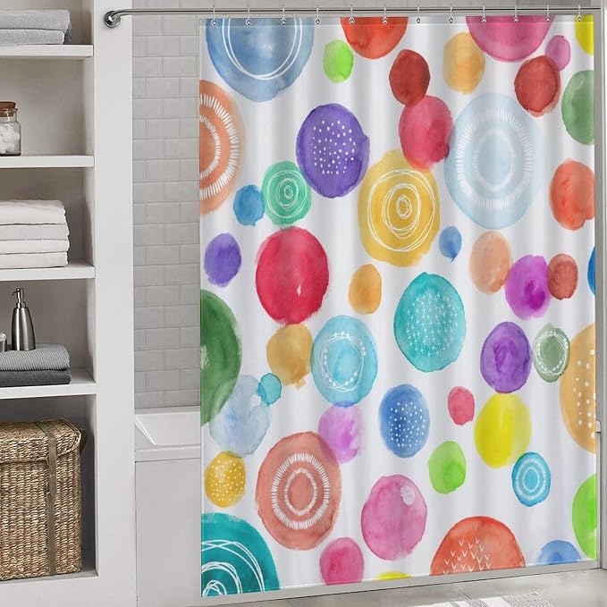 Colorful Shower Curtain for Girls Bathroom, Watercolor Rainbow Cartoon Abstract Circle Polka Dots Splashes Cute for Baby Kids Waterproof Fabric Shower Curtain Set with Hooks, 72"x72" Inch