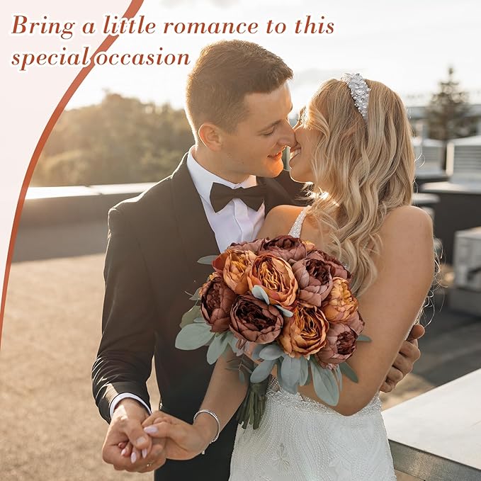 Zeyune 50Pcs Wedding Artificial Peonies 4 Inch Fake Silk Peony Faux Artificial Valentine Flower Bulk Rose Flower Head for Valentine Decoration Vintage Wedding Home Office(Brown and Orange)