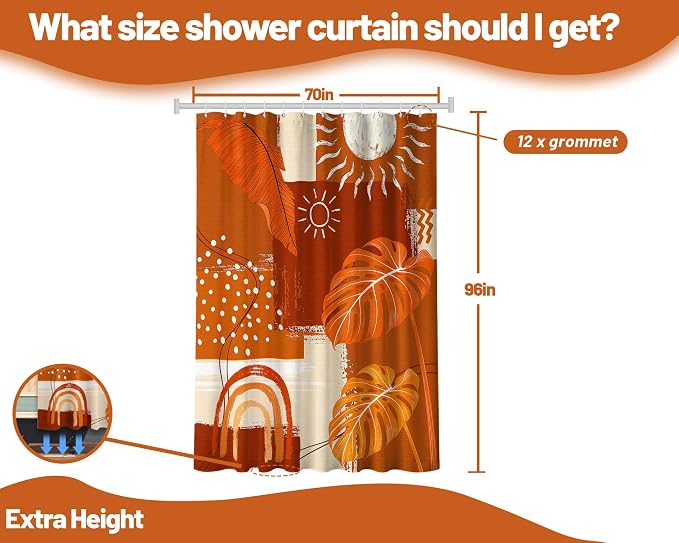 Extra Long Shower Curtain 96 Inchs Extra Tall Burnt Orange Mid Century Modern XL Abstract Leaf Shower Curtains for Large Bathroom Decor Sets, Waterproof Cloth Fabric with Hooks, 70 x 96 Inch