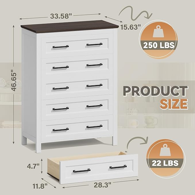 JUMMICO White Dresser Tall for Bedroom,Wooden 5 Drawer Dresser for Nursery,Chest of Drawers for Bedroom, Closet Storage Organizer for Living Room, Hallway, Closet (Brown&White)