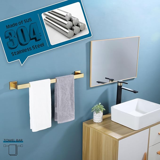 KOKOSIRI 24-Inch Single Towel Bar, Bathroom Kitchen Towel Holder, Wall Mounted SUS304 Stainless Steel Towel Rack, Brushed Gold, B4003BG-L24