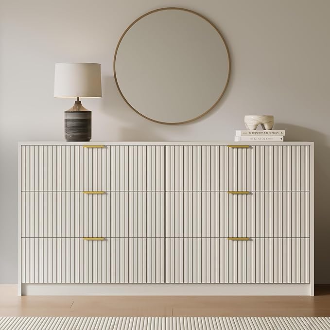 3-Piece Dresser Bedroom Set, 6 Drawer Dresser & 3 Drawer Nightstands with Gold Handles, Fluted Wood Chest of Drawers for Bedroom, Living Room, Entryway, Beige