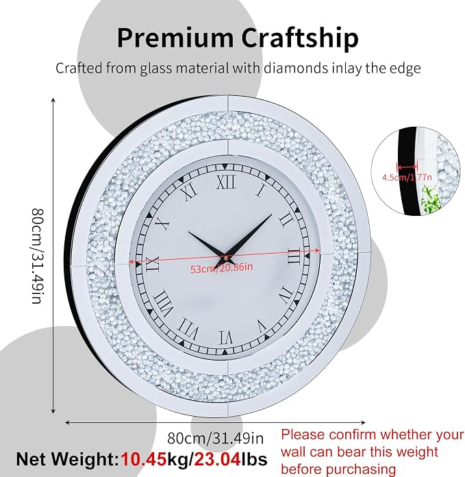 Crushed Diamond Wall Clock Round Decorative Mirrored Clock 32 inch Silver