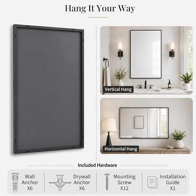 2-Pack 24"x36" Matte Black Bathroom Mirror, Thin Metal Frame, Heavy-Duty Rectangular Vanity Mirror for Over Sink, HD Shatterproof Glass, Modern Farmhouse & Industrial Style