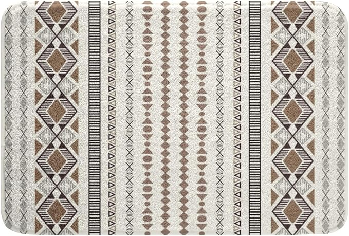 Feelyou Boho Aztec Bath Rugs 20"x32" Western Bohemian Striped Bathroom Rugs Brown White Bath Mats for Bathroom Women Girls Soft Non Slip West Cowboy Traditional Theme Bathroom Accessoriess