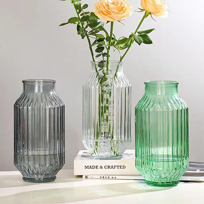 Flower Vase,Glass Vase,9.2 inch,Vintage Clear Ribbed Glass Vase for Home Decor,Bookshelf,Dinner Table,Indoor Office Desktop,Meeting Room,Home Christmas Day Decoration
