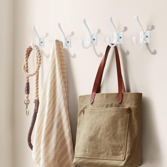 Large Wall Hooks 5 Pack White Coat Hooks Hardware Towel Hooks for Hanging Coats 4.35 Inch Double Robe Hooks Wall Mounted with Screws for Key, Towel, Bags, Cup, Hat