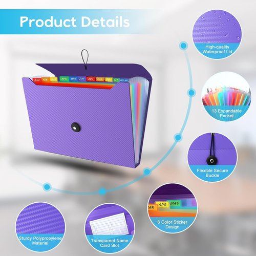 Skiennix Accordion File Organizer - 13 Pocket Expanding File Folder for Home, Office & Travel (Purple)