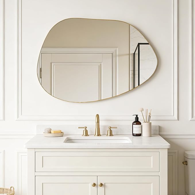 Irregular Wall Mirror Asymmetrical Mirror, Gold Mirror for Bathroom Living Room Entryway Bedroom, Decorative Modern Mirror, Tempered Glass, Shatterproof, Hangs Horizontally or Vertically (40" x 28")