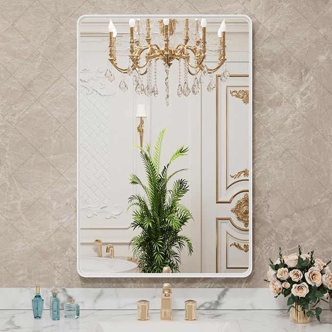 LOAAO 20x30 Inch White Metal Framed Bathroom Mirror for Wall, White Bathroom Vanity Mirror Farmhouse, Large Rounded Rectangle Mirror, Anti-Rust, Hangs Horizontally or Vertically