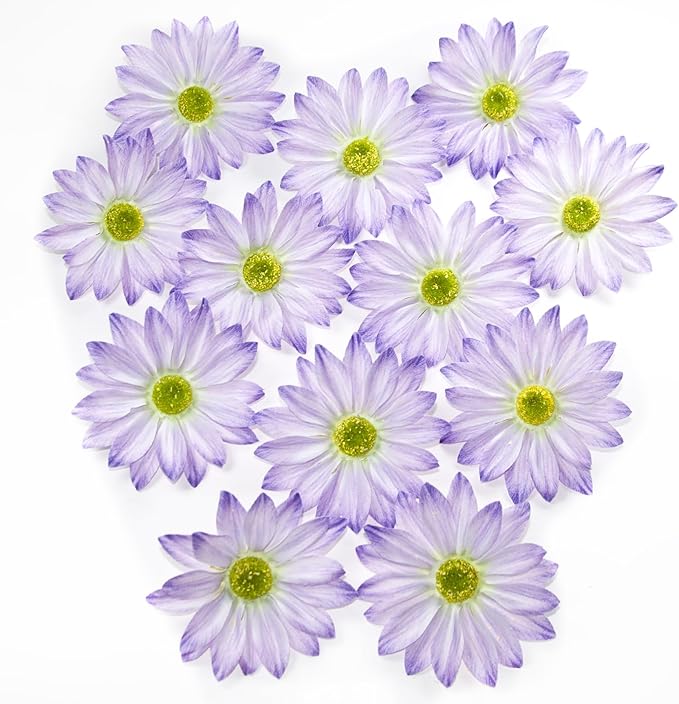 Daisy Silk Flower Heads, 12 Pcs Artificial Daisy Flower Heads, 3.5 Inch Light Purple Floral Heads Fake Daisies for Decoration, DIY Craft, Vase, Flower Arrangement, Hats, Costume, Hair