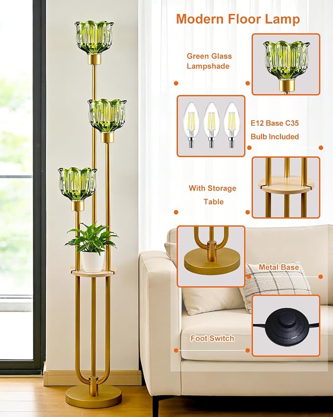 Lightdot Glass Floor Lamp for Living Room 3-Lights Modern Gold Floor Lamp with Green Glass Shade 3000K Bulbs Included Unique Tall Standing Lamp with 5Lb Heavy Base for Bedroom/Sofa Beside/Corner Decor