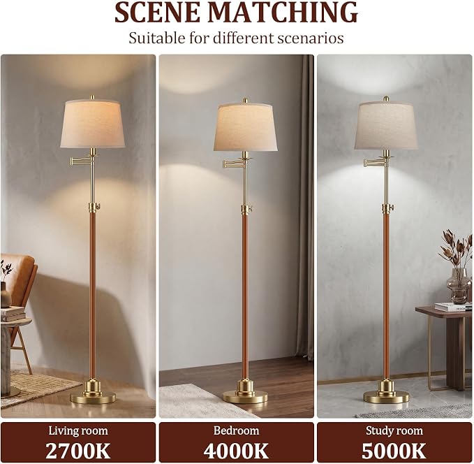 Vintage Floor Lamp for living room, Walnut Gold Farmhouse Standing Lamp with 350° Swivel Swing Arm, 56.6''-66'' Mid Century Modern Height Adjustable Tall Lamp for Bedroom Office(LED Bulb Included)