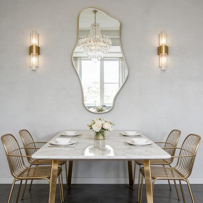 Irregular Wall Mirror, 47.2"x21.5" Asymmetrical Mirror with Gold Metal Frame, Organic Shaped Mirrors for Living Room Bedroom Hallway Entryway Fireplace, Hangs Vertically or Horizontally